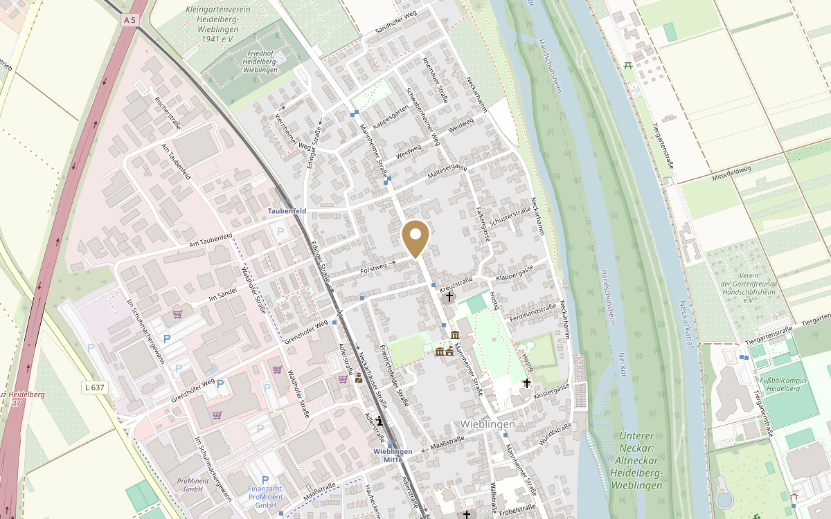 Kartenausschnitt Heidelberg-Wieblingen mit Markierung: Mannheimer Str. 285