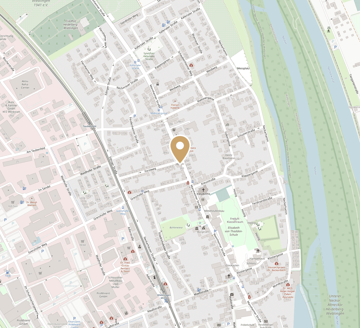 Anfahrtskarte: Emotion Skin Care, Mannheimer Str. 285, Heidelberg-Wieblingen – Kartendaten © OpenStreetMap-Mitwirkende